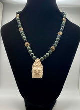 Load image into Gallery viewer, Enlightened: kambaba jasper and antique gold beaded Buddha necklace