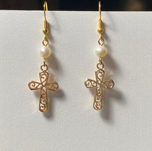 Load image into Gallery viewer, Freshwater pearl and goldtone filigree cross earrings Christian faith jewelry
