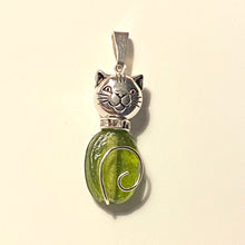 Load image into Gallery viewer, Nature Cat: silvertone and green glass oval pendant