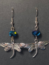 Load image into Gallery viewer, Dragonfly earrings in silvertone or goldtone with gemstone or crystal bead