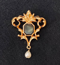 Load image into Gallery viewer, Vintage Avon Victorian Art Nouveau Renaissance ornate gold filigree onyx brooch w freshwater pearl dangle la