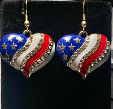 Load image into Gallery viewer, American Heart patriotic rhinestone and enamel flag earrings stars and stripes 4th of July holiday jewelry