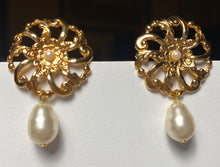 Load image into Gallery viewer, Vintage Avon 1992 “Flower Blossom” ornate gold scrollwork filigree earrings w faux seed pearl and teardrop pearl dangle