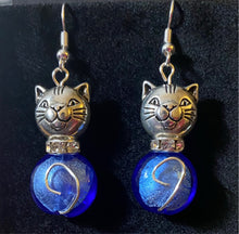 Load image into Gallery viewer, Ocean Cat II: silvertone and deep blue glass bead earrings