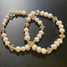 Load image into Gallery viewer, Freshwater baroque pearl and crystal bracelet with gold filigree beads wedding bridal jewelry