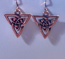 Load image into Gallery viewer, Triquetra or Trinity Knot earrings, copper finish (w/ optional gemstone bead)