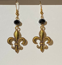 Load image into Gallery viewer, Fleur-de-lis earring in antique goldtone or silvertone w/ optional 8mm crystal or gemstone bead French symbol New Orleans Saints sports fan