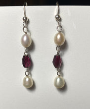 Load image into Gallery viewer, Freshwater pearl and garnet sterling silver drop earrings
