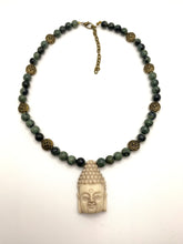 Load image into Gallery viewer, Enlightened: kambaba jasper and antique gold beaded Buddha necklace