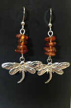 Load image into Gallery viewer, Dragonfly In Amber goldtone or silvertone dragonfly earrings with genuine Baltic Amber Outlander fan gift jewelry