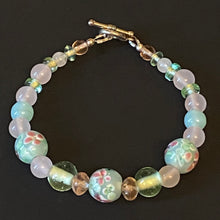 Load image into Gallery viewer, Dreams of Spring rose quartz and floral lampwork glass bead bracelet