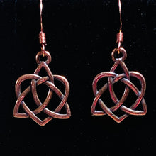 Load image into Gallery viewer, Celtic heart earrings with triquetra knot, copper finish (w/ optional gemstone bead)