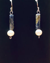 Load image into Gallery viewer, Roman style sodalite gemstone and freshwater pearl sterling silver earrings