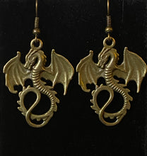 Load image into Gallery viewer, Flying dragon earrings in gold, bronze, or silver: UAB Blazers, Game of Thrones fantasy creatures, sports fan jewelry