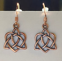 Load image into Gallery viewer, Celtic heart earrings with triquetra knot, copper finish (w/ optional gemstone bead)