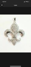 Load image into Gallery viewer, Huge silvertone filigree fleur de lis pendant necklace with rhinestones Renaissance medieval French New Orleans Saints