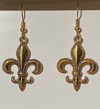 Load image into Gallery viewer, Fleur-de-lis earring in antique goldtone or silvertone w/ optional 8mm crystal or gemstone bead French symbol New Orleans Saints sports fan