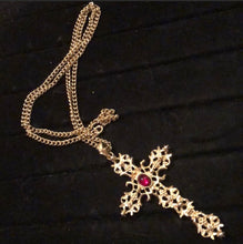 Load image into Gallery viewer, Avon 1970s vintage gold and “ruby” Medieval / Renaissance cross necklace