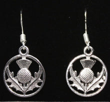 Load image into Gallery viewer, Scottish Thistle round silvertone Celtic earrings Sassenach Outlander fan gift jewelry (w/ optional crystal or pearl bead)