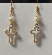 Load image into Gallery viewer, Freshwater pearl and goldtone open cross earrings Christian faith jewelry