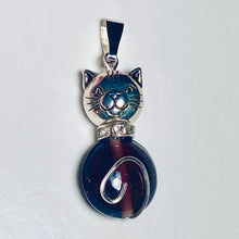 Load image into Gallery viewer, Amethyst Cat: silvertone and dark purple glass round cat pendant
