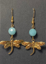 Load image into Gallery viewer, Dragonfly earrings in silvertone or goldtone with gemstone or crystal bead