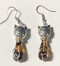 Load image into Gallery viewer, Tortoiseshell Cat: silvertone and amber/black Czech glass teardrop cat earrings