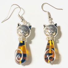 Load image into Gallery viewer, Tortoiseshell Cat: silvertone and amber/black Czech glass teardrop cat earrings