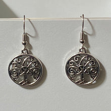 Load image into Gallery viewer, Celtic Tree of Life triquetra family tree silvertone earrings World Tree Yggdrasil