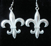 Load image into Gallery viewer, Fleur-de-lis large beaded edge earring in goldtone or silvertone w/ optional 8mm crystal or gemstone bead French symbol New Orleans Saints sports fan