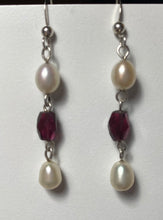 Load image into Gallery viewer, Freshwater pearl and garnet sterling silver drop earrings