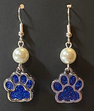 Load image into Gallery viewer, Paw print sports fan earrings: Tigers, Lions, Bulldogs, Wildcats, Huskies, Panthers, Jaguars: choice of team color with or without crystal bead.