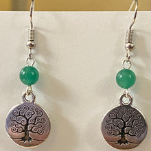 Load image into Gallery viewer, Family Tree or Tree of Life World Tree silvertone earrings with optional gemstone or crystal bead
