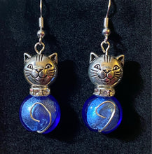 Load image into Gallery viewer, Ocean Cat II: silvertone and deep blue glass bead earrings