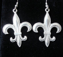 Load image into Gallery viewer, Fleur-de-lis large beaded edge earring in goldtone or silvertone w/ optional 8mm crystal or gemstone bead French symbol New Orleans Saints sports fan