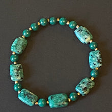 Load image into Gallery viewer, African turquoise and dark green mountain jade goldtone bracelet & earrings set