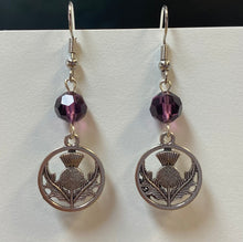 Load image into Gallery viewer, Scottish Thistle round silvertone Celtic earrings Sassenach Outlander fan gift jewelry (w/ optional crystal or pearl bead)