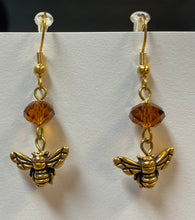 Load image into Gallery viewer, Bee My Honey: goldtone and amber crystal honeybee bee earrings beekeeper apiculture gift