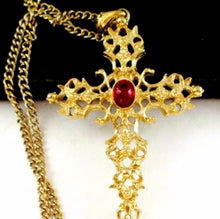 Load image into Gallery viewer, Avon 1970s vintage gold and “ruby” Medieval / Renaissance cross necklace