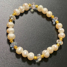 Load image into Gallery viewer, Freshwater baroque pearl and crystal bracelet with gold filigree beads wedding bridal jewelry
