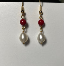 Load image into Gallery viewer, Red bamboo coral and freshwater pearl teardrop earrings