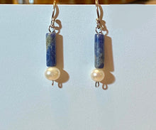 Load image into Gallery viewer, Roman style sodalite gemstone and freshwater pearl sterling silver earrings