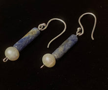 Load image into Gallery viewer, Roman style sodalite gemstone and freshwater pearl sterling silver earrings