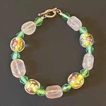 Load image into Gallery viewer, Easter Parade: pastel pink, green, and yellow rose quartz and floral lampwork glass bead bracelet
