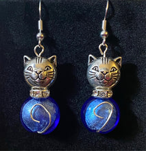 Load image into Gallery viewer, Ocean Cat II: silvertone and deep blue glass bead earrings