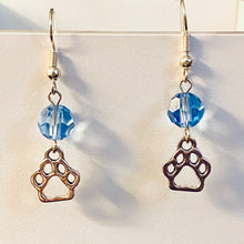Load image into Gallery viewer, Helena Huskies paw print sports fan earrings withchoice of crystal or pearl bead in team colors
