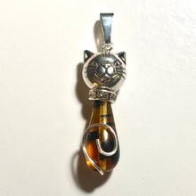 Load image into Gallery viewer, Cat Pendant: silvertone and Czech glass teardrop cat pendant with leather cord or silvertone chain