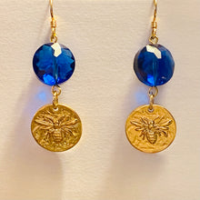 Load image into Gallery viewer, Bee Royal: matte goldtone and royal blue honeybee earrings Outlander fan beekeeper bee lover gift