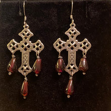 Load image into Gallery viewer, Garnet and gold or silver filigree cross earrings with sterling or 14k gold-filled earwires