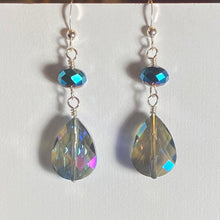 Load image into Gallery viewer, Dark blue iridescent crystal and sterling drop earrings